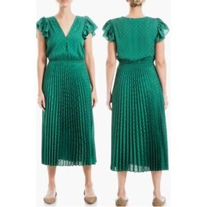Max Studio Emerald Green Flutter Sleeve Polka Dot Smocked Waist Midi Dress Sz 2